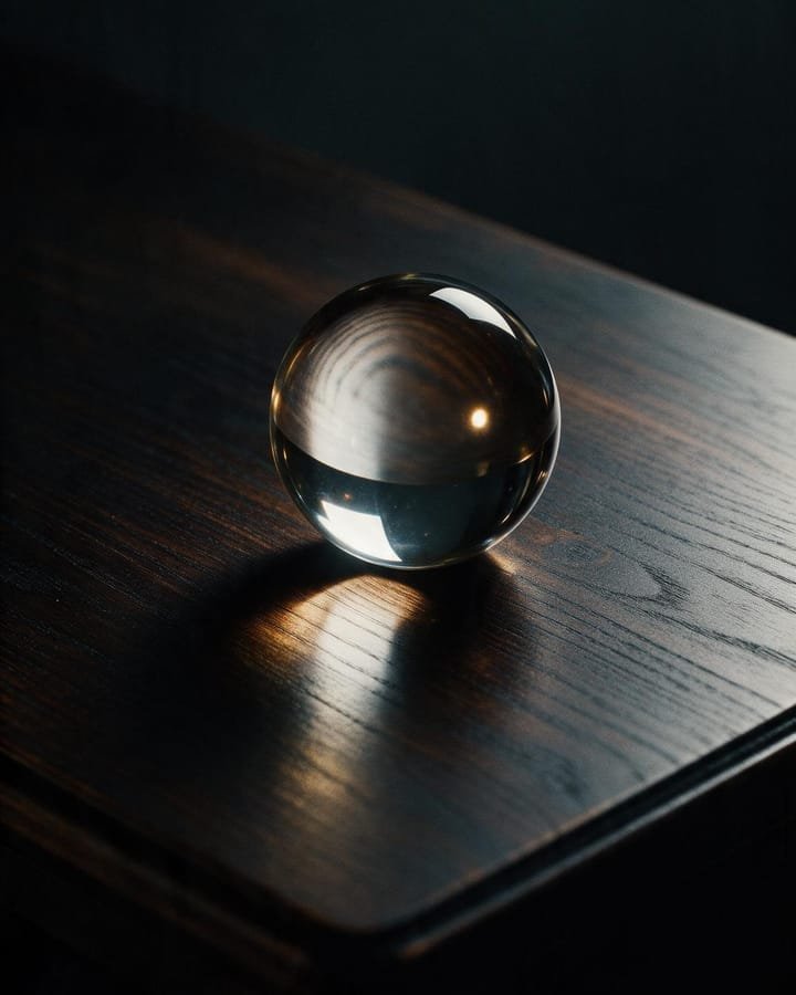 A clear glass sphere magnifying the desk beneath it