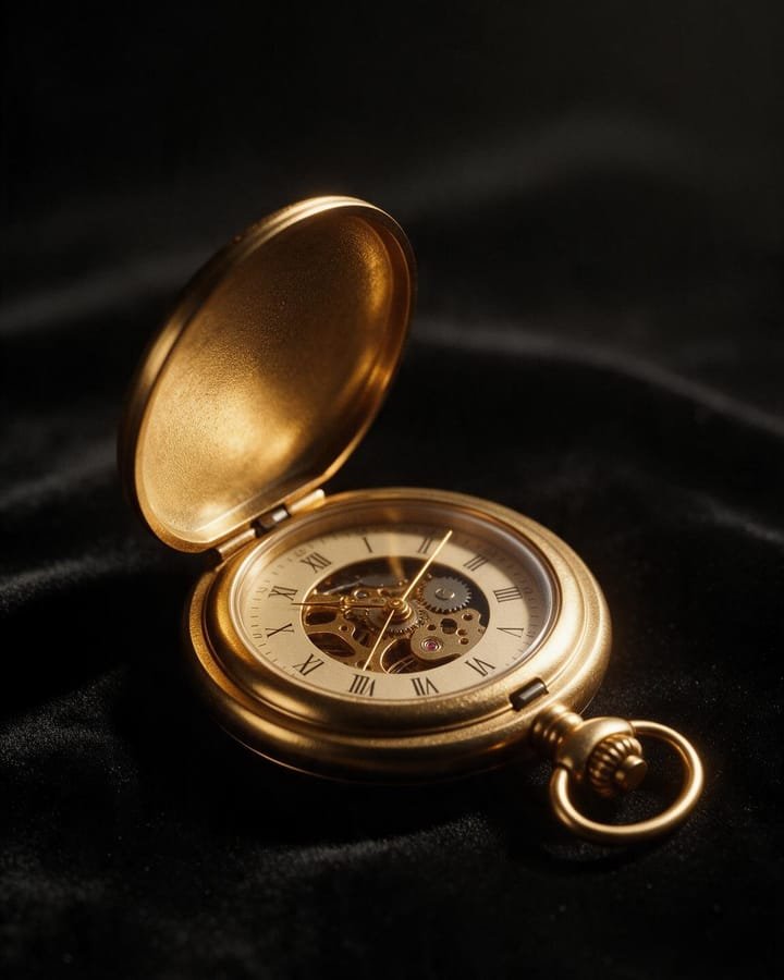 An open brass pocket watch, second hand mid-sweep