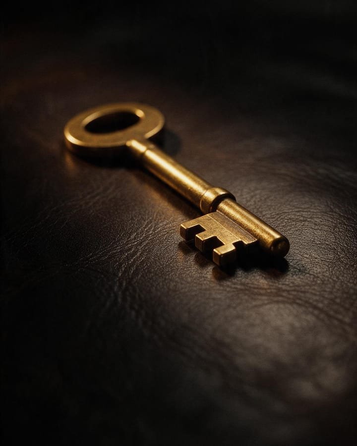 A single brass key on dark leather
